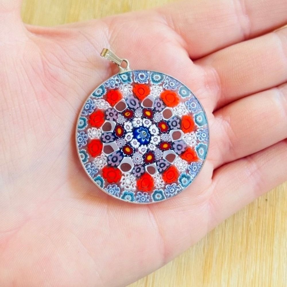 VTG Floral Art glass Millefiori Blue Orange Large Pendant Italy Murano Venetian